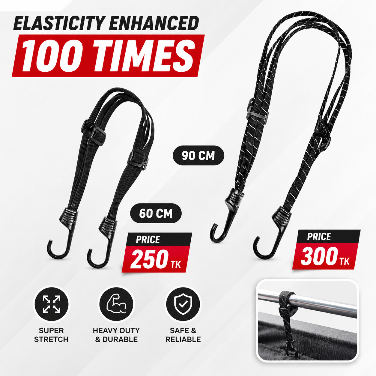High-Strength Retractable Helmet Rope Highly Elastic Motorcycle Luggage Binding Cord Rubber Strap Rope Universal Motor Bike Helmet Carrying Rope with 2 Hook